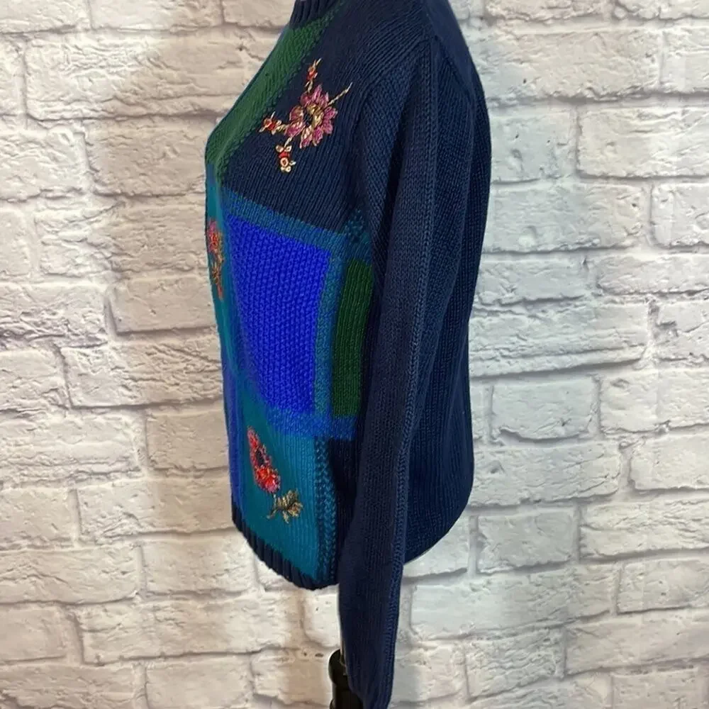 Vintage 90’s Y2K grannycore embroidered floral colorblock sweater - Picture 4 of 6